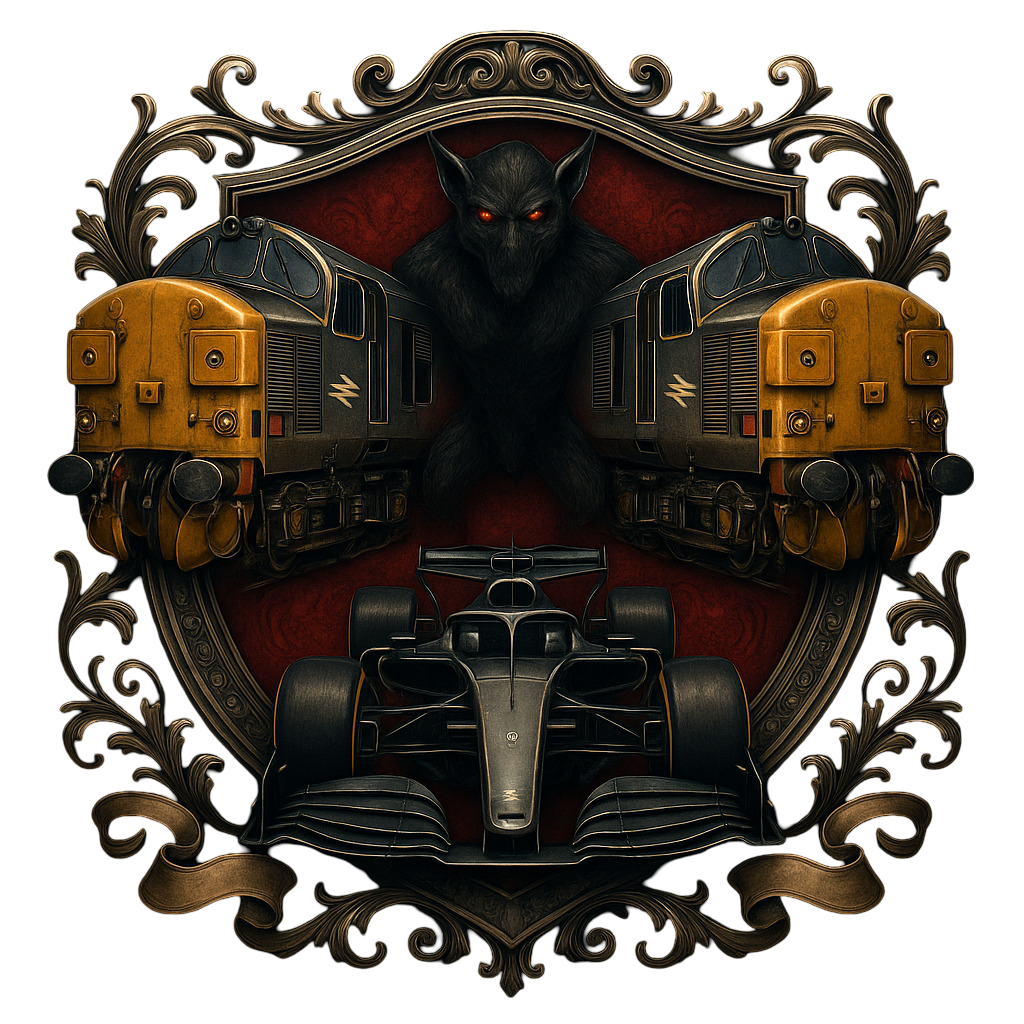 A dark emblem features a black bat with red eyes, two vintage trains facing forward, and a modern race car, all framed by ornate metallic scrollwork.